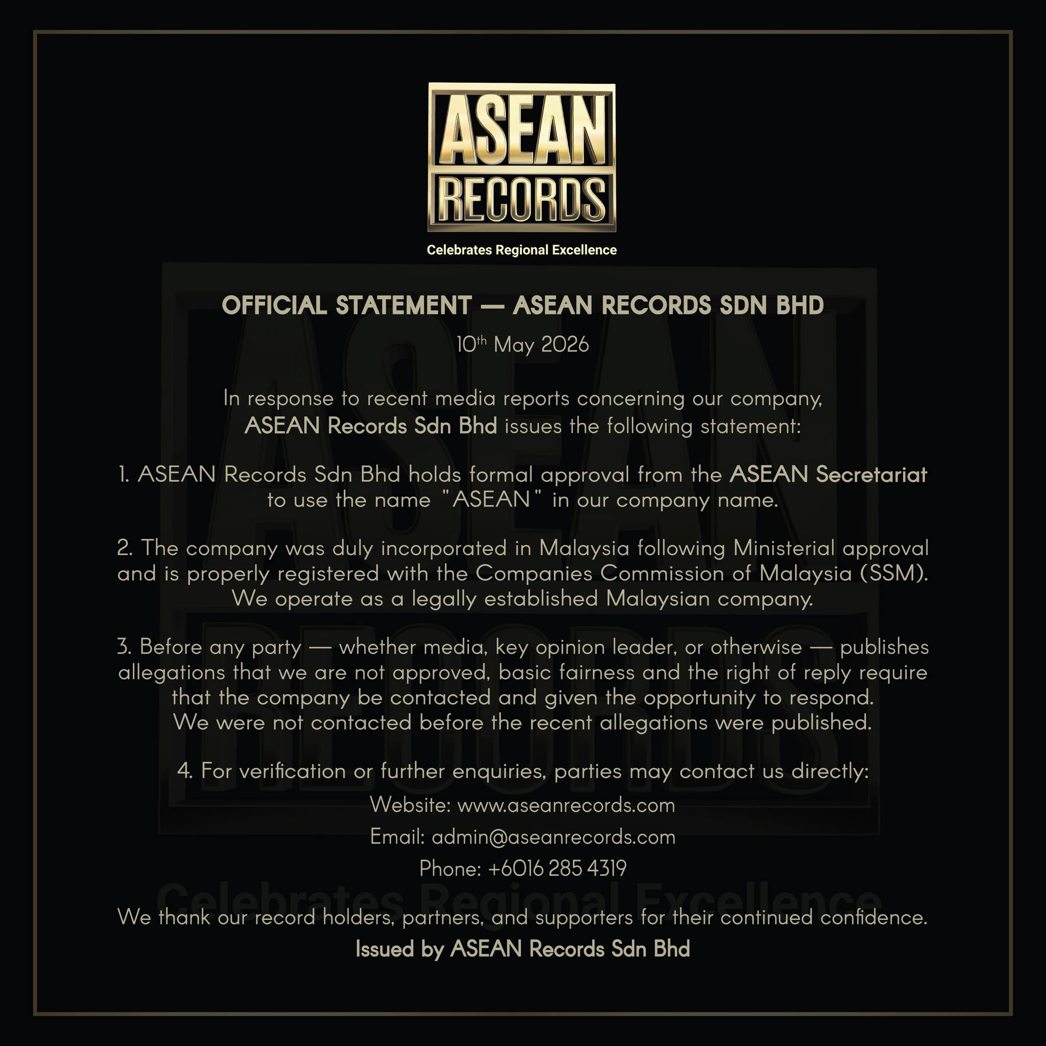 OFFICIAL STATEMENT – ASEAN RECORDS SDN BHD 10 MAY 2026